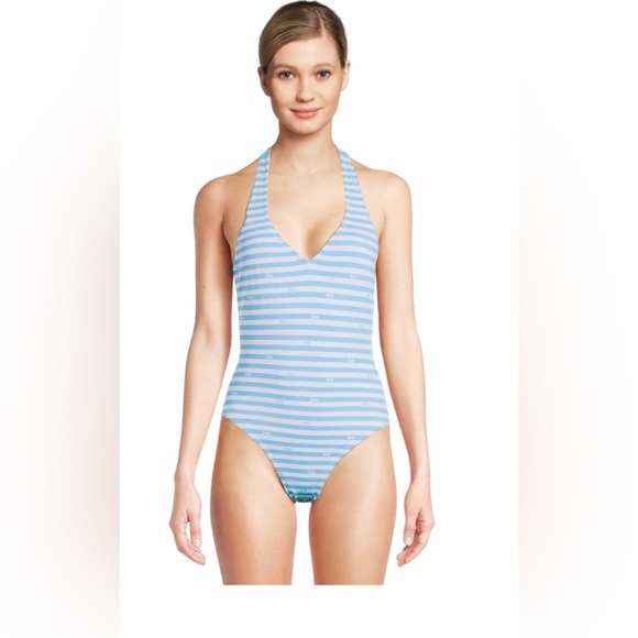 BARBIE Swimsuit Blue + White stripes with Barbie written. Size XL Flattering! - Picture 1 of 4
